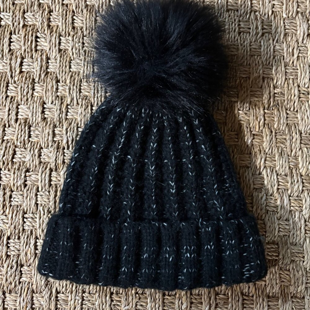 Kyi Kyi black & white tweed cuffed pom beanie with fake fur pom pom - Picture 2 of 5